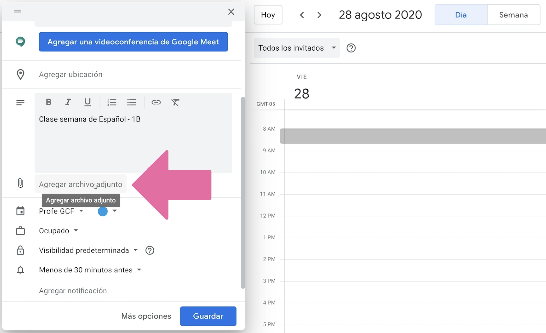 Añadir descripción y añadir archivo a reunión en Calendar para Google Classroom.